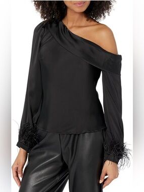 ASTR The Label Dawn One Shoulder Feather Trim Top Black Blouse Small NEW